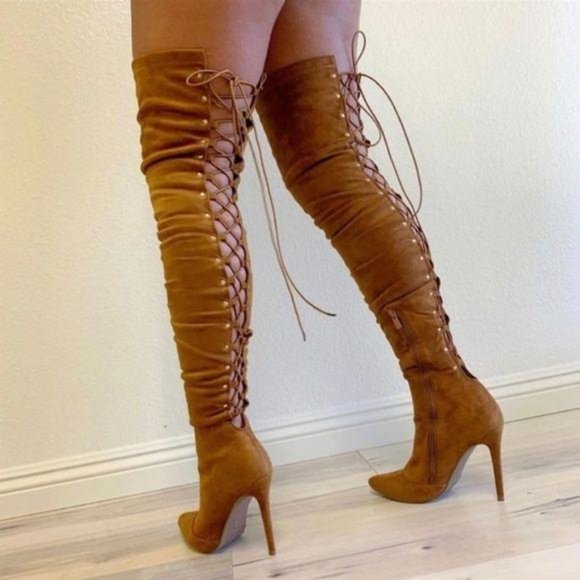 Stretchy Over the Knee Lace Up Boots in Tan - Picture 8 of 12